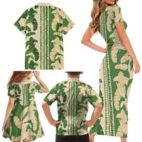 Hawaii Pua Kenikeni Lei Family Matching Short Sleeve Bodycon Dress and Hawaiian Shirt With Lau Maia Green