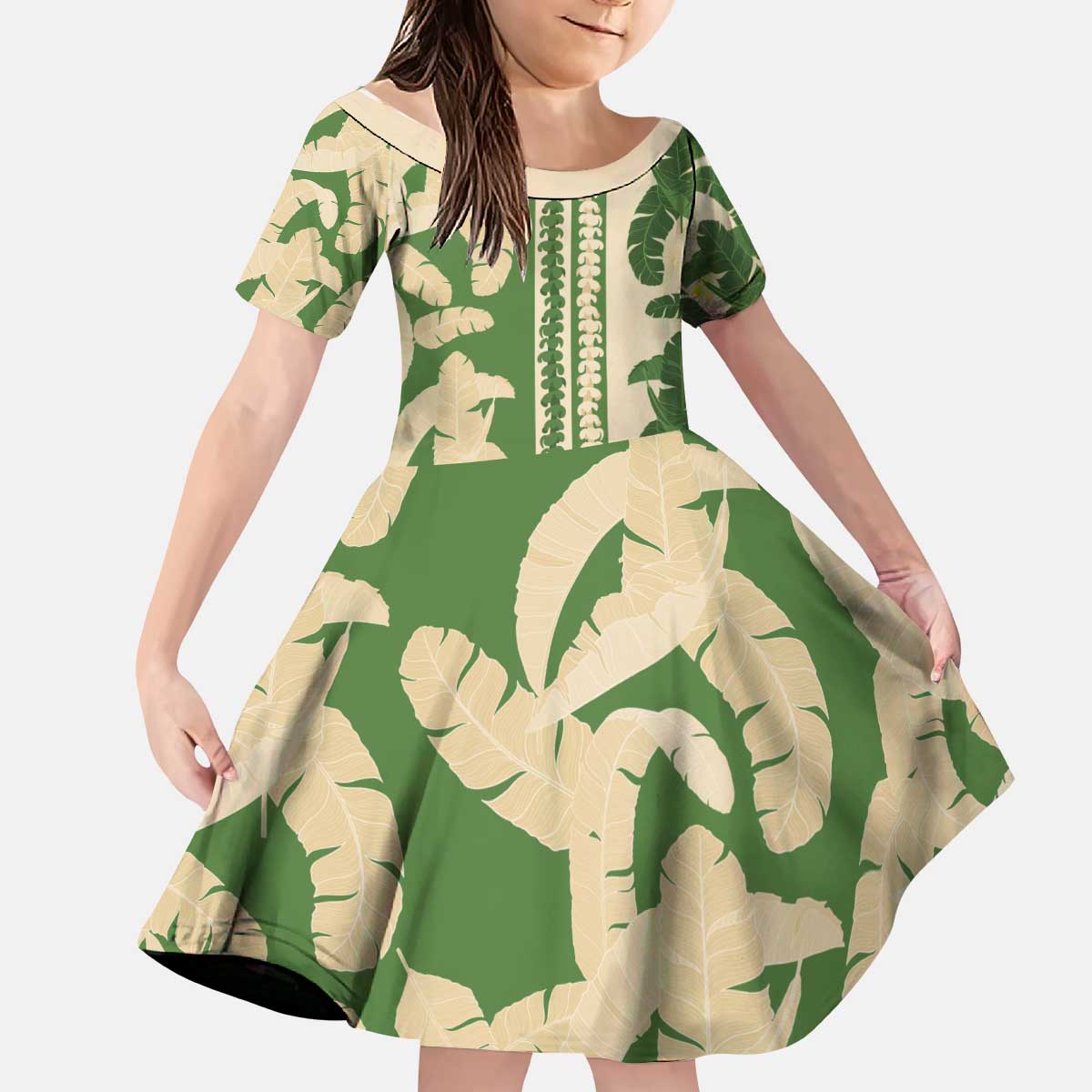 Hawaii Pua Kenikeni Lei Kid Short Sleeve Dress With Lau Maia Green