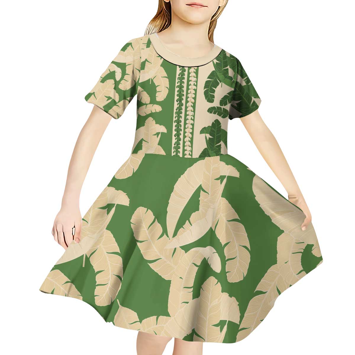 Hawaii Pua Kenikeni Lei Kid Short Sleeve Dress With Lau Maia Green