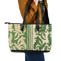 Hawaii Pua Kenikeni Lei Leather Tote Bag With Lau Maia Green LT05 - Polynesian Pride