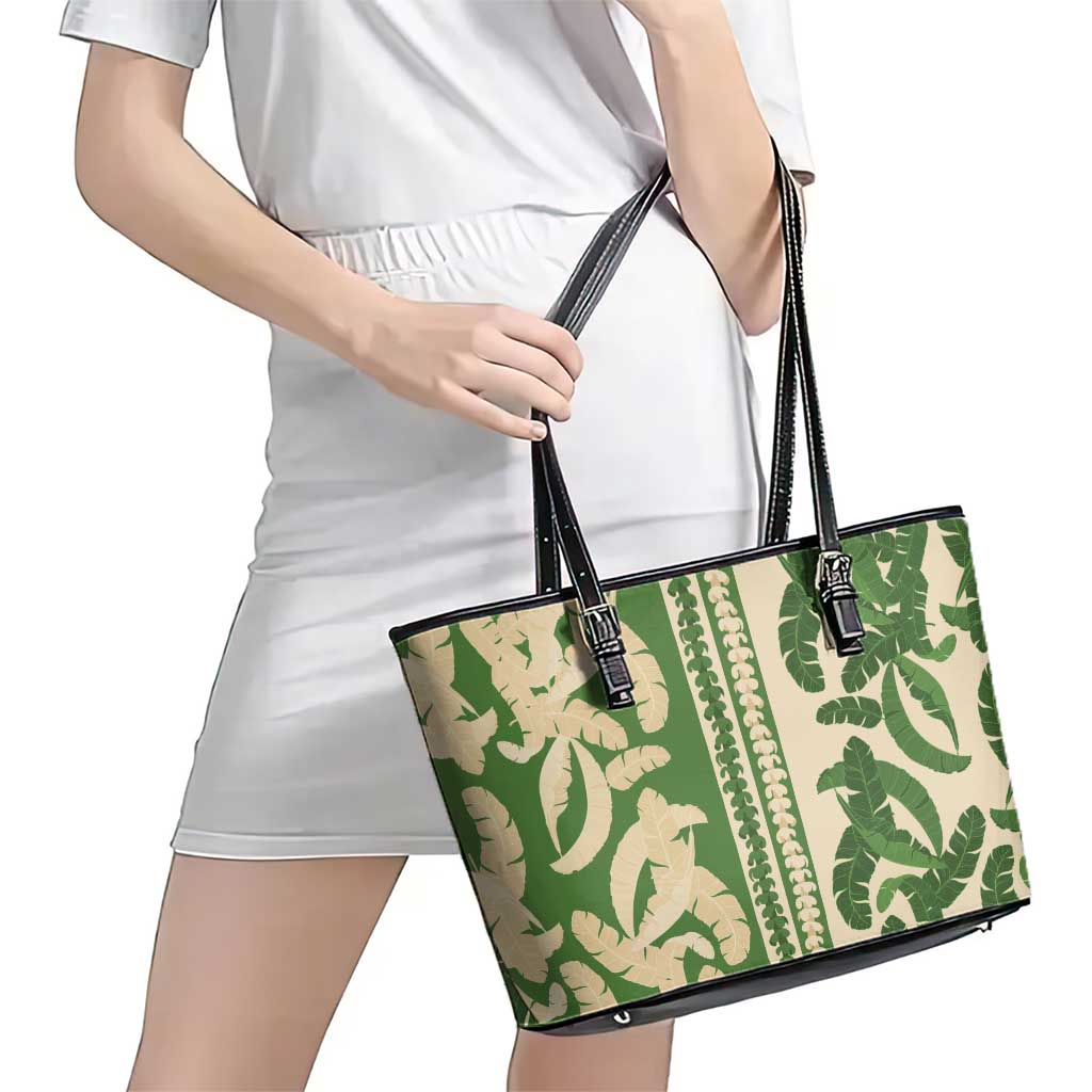 Hawaii Pua Kenikeni Lei Leather Tote Bag With Lau Maia Green LT05 - Polynesian Pride