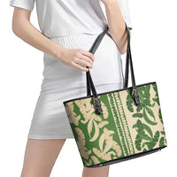 Hawaii Pua Kenikeni Lei Leather Tote Bag With Lau Maia Green LT05 - Polynesian Pride