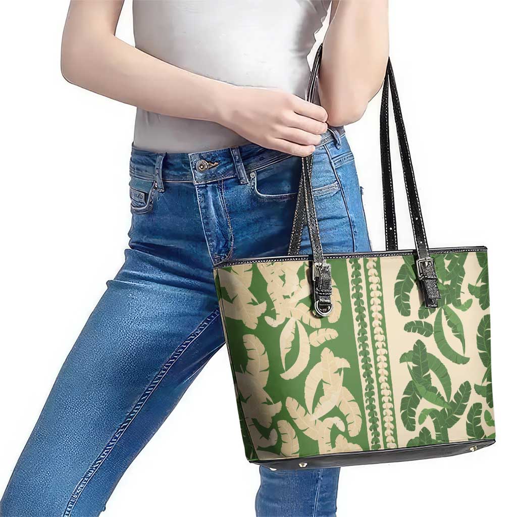 Hawaii Pua Kenikeni Lei Leather Tote Bag With Lau Maia Green LT05 - Polynesian Pride