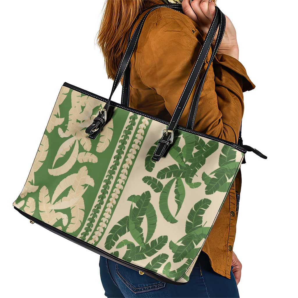 Hawaii Pua Kenikeni Lei Leather Tote Bag With Lau Maia Green LT05 - Polynesian Pride