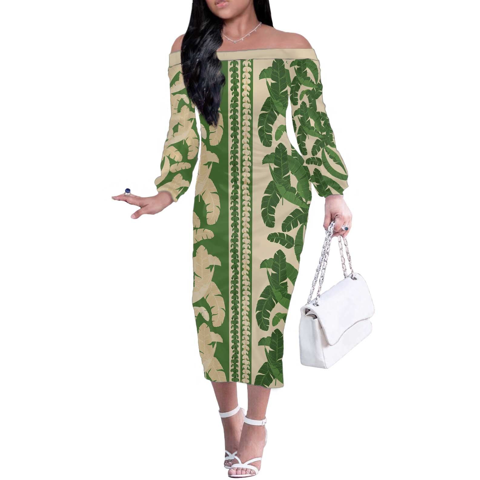Hawaii Pua Kenikeni Lei Off The Shoulder Long Sleeve Dress With Lau Maia Green