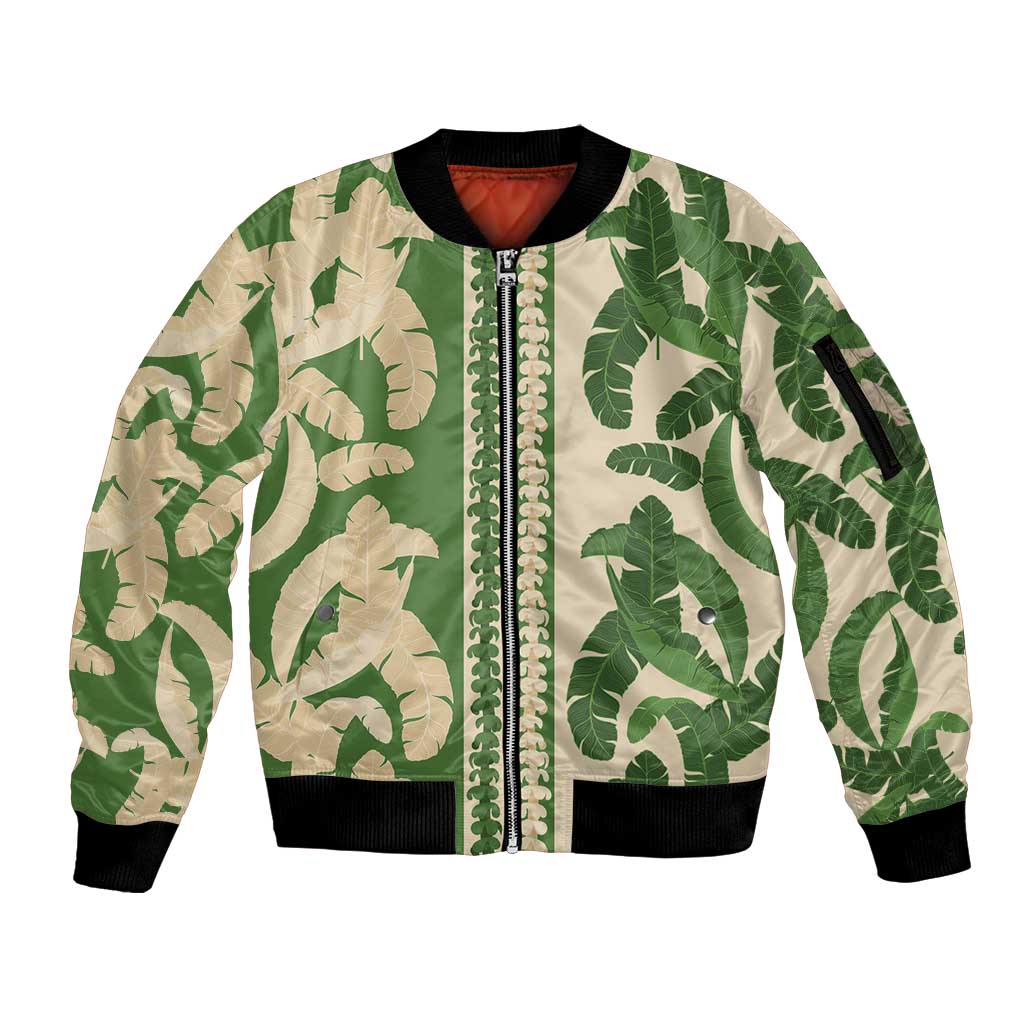Hawaii Pua Kenikeni Lei Sleeve Zip Bomber Jacket With Lau Maia Green LT05 Unisex Green - Polynesian Pride