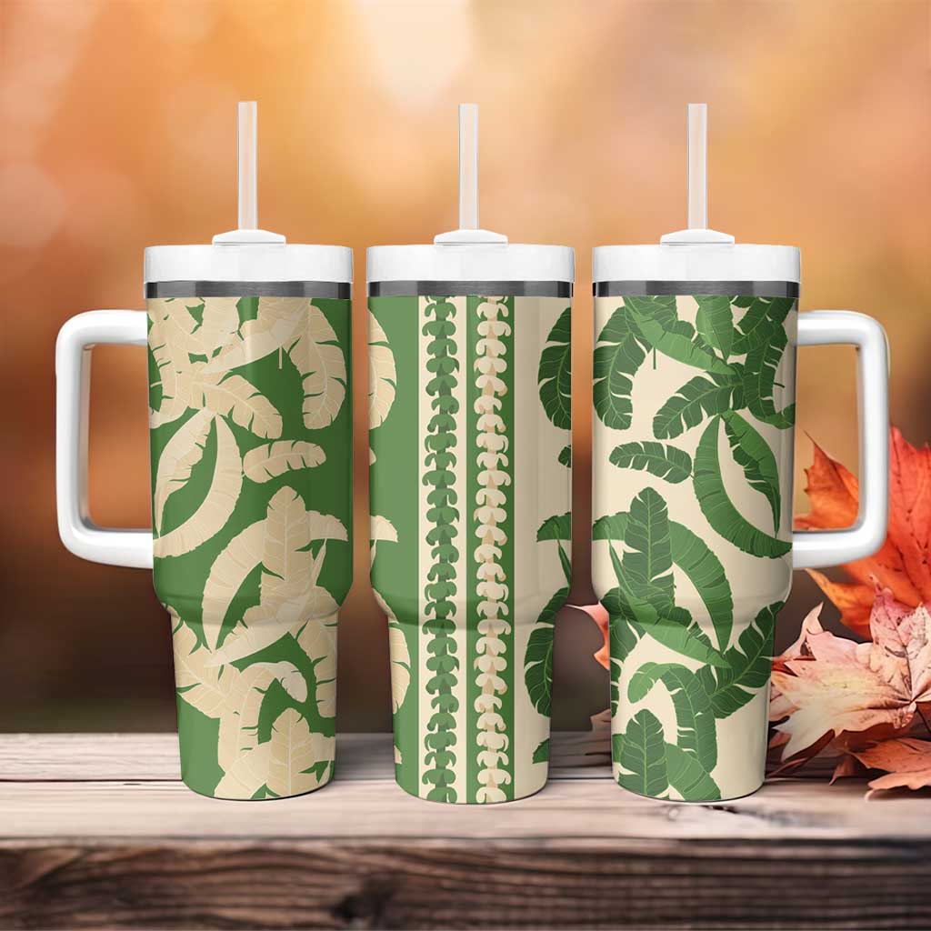 Hawaii Pua Kenikeni Lei Tumbler With Handle With Lau Maia Green LT05 - Polynesian Pride