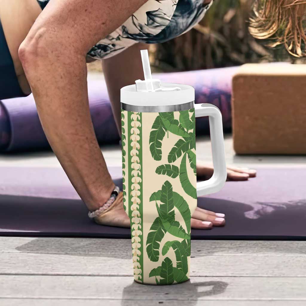 Hawaii Pua Kenikeni Lei Tumbler With Handle With Lau Maia Green LT05 - Polynesian Pride