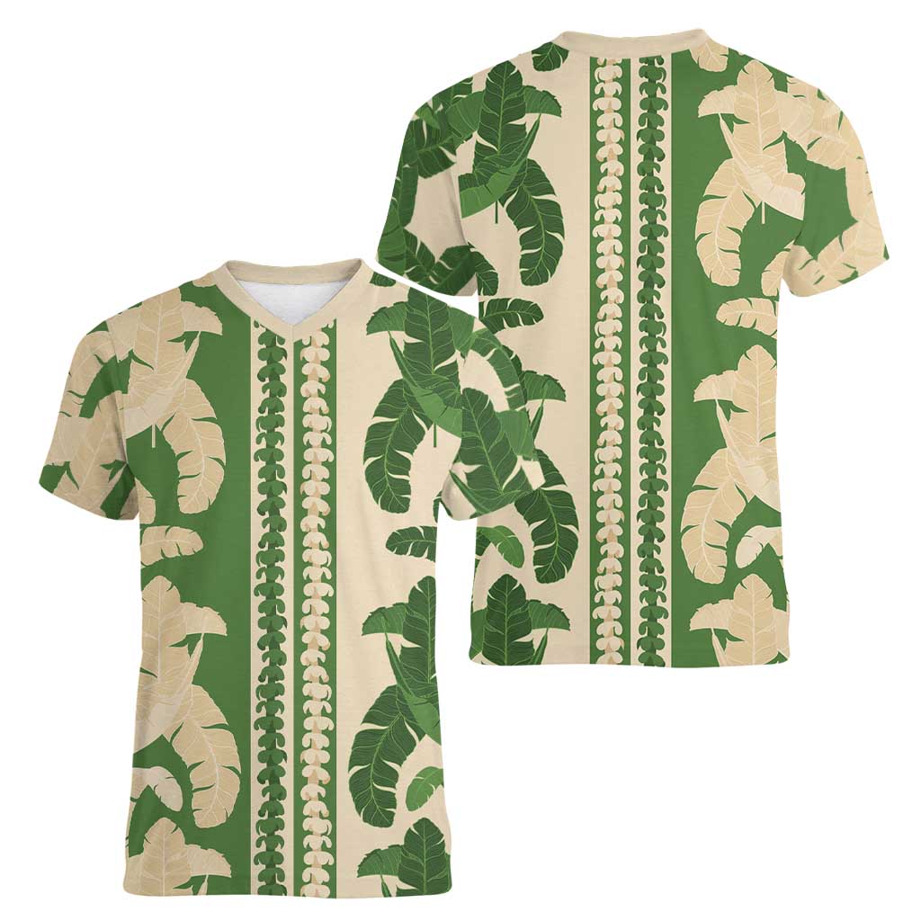 Hawaii Pua Kenikeni Lei Women V-Neck T-Shirt With Lau Maia Green