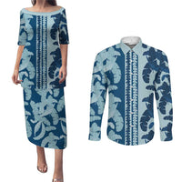 Hawaii Pua Kenikeni Lei Couples Matching Puletasi and Long Sleeve Button Shirt With Lau Maia Royal Blue