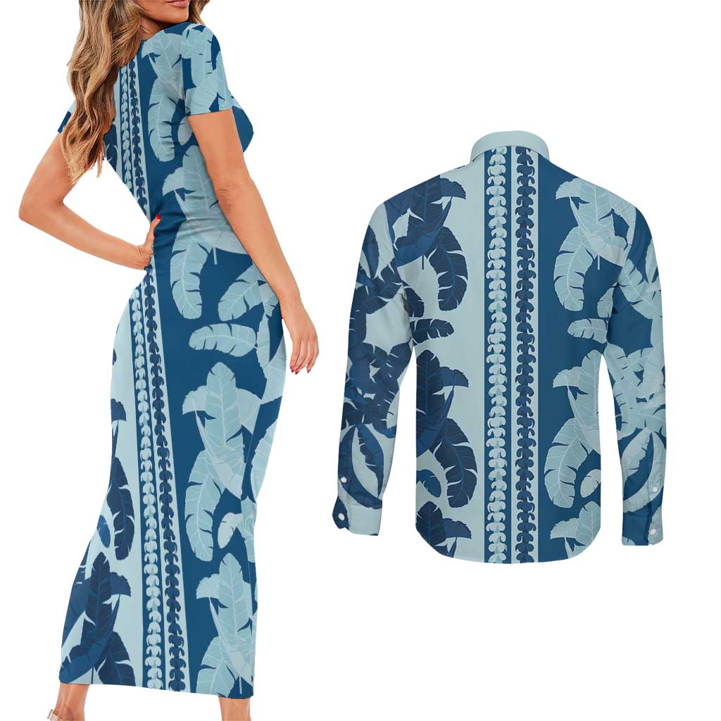 Hawaii Pua Kenikeni Lei Couples Matching Short Sleeve Bodycon Dress and Long Sleeve Button Shirt With Lau Maia Royal Blue