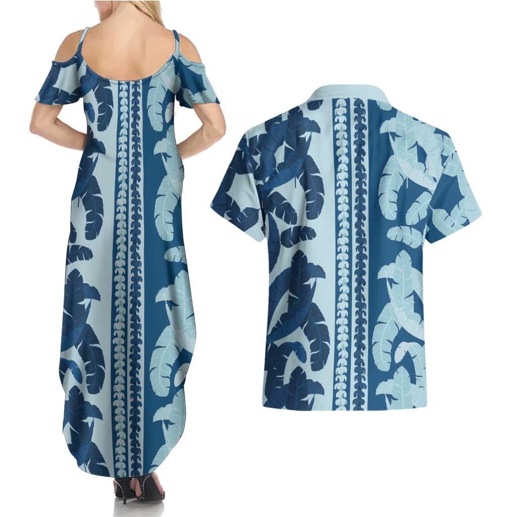 Hawaii Pua Kenikeni Lei Couples Matching Summer Maxi Dress and Hawaiian Shirt With Lau Maia Royal Blue