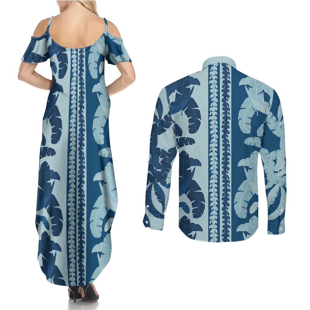 Hawaii Pua Kenikeni Lei Couples Matching Summer Maxi Dress and Long Sleeve Button Shirt With Lau Maia Royal Blue