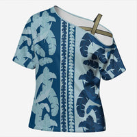 Hawaii Pua Kenikeni Lei Cross Shoulder Shirt With Lau Maia Royal Blue LT05 Female Blue - Polynesian Pride