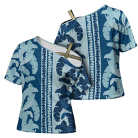 Hawaii Pua Kenikeni Lei Cross Shoulder Shirt With Lau Maia Royal Blue LT05 - Polynesian Pride