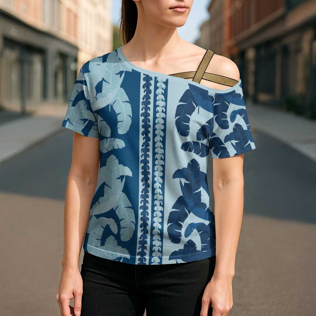 Hawaii Pua Kenikeni Lei Cross Shoulder Shirt With Lau Maia Royal Blue LT05 - Polynesian Pride