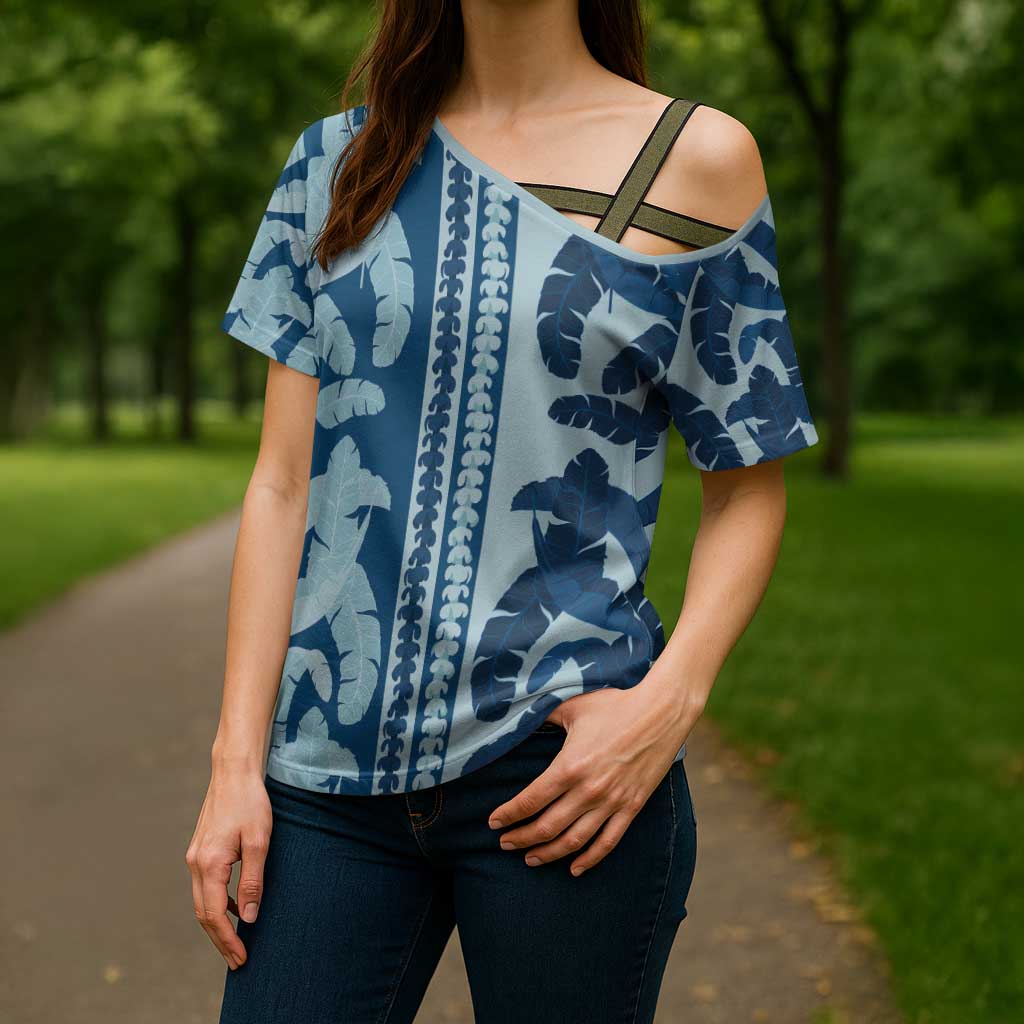 Hawaii Pua Kenikeni Lei Cross Shoulder Shirt With Lau Maia Royal Blue LT05 - Polynesian Pride