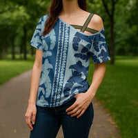 Hawaii Pua Kenikeni Lei Cross Shoulder Shirt With Lau Maia Royal Blue LT05 - Polynesian Pride
