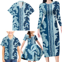 Hawaii Pua Kenikeni Lei Family Matching Long Sleeve Bodycon Dress and Hawaiian Shirt With Lau Maia Royal Blue