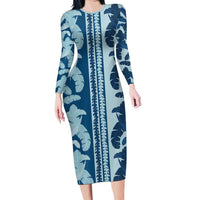 Hawaii Pua Kenikeni Lei Family Matching Long Sleeve Bodycon Dress and Hawaiian Shirt With Lau Maia Royal Blue