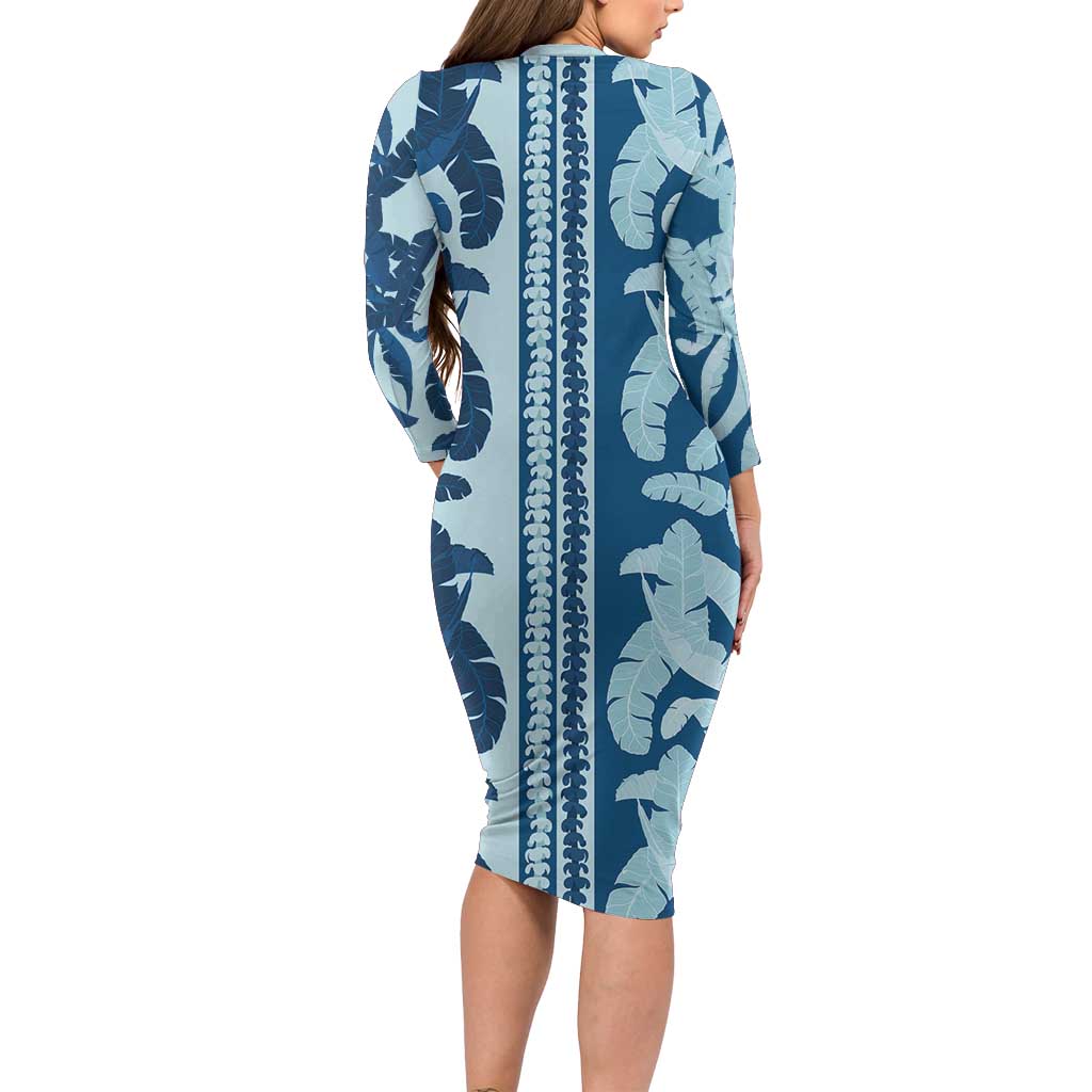 Hawaii Pua Kenikeni Lei Family Matching Long Sleeve Bodycon Dress and Hawaiian Shirt With Lau Maia Royal Blue