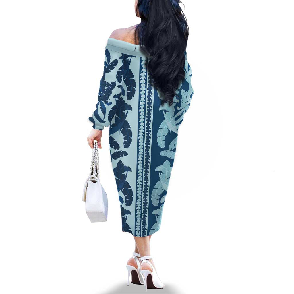 Hawaii Pua Kenikeni Lei Family Matching Off The Shoulder Long Sleeve Dress and Hawaiian Shirt With Lau Maia Royal Blue