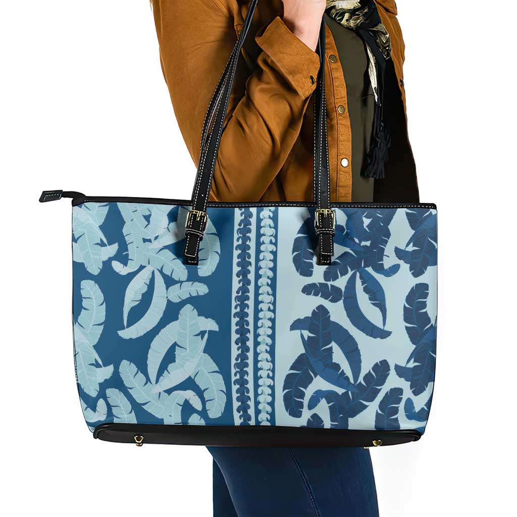 Hawaii Pua Kenikeni Lei Leather Tote Bag With Lau Maia Royal Blue LT05 - Polynesian Pride