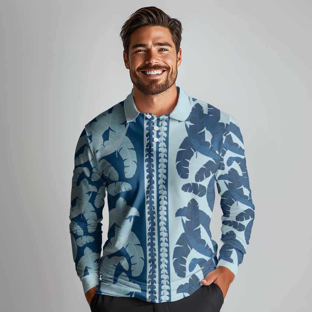 Hawaii Pua Kenikeni Lei Long Sleeve Polo Shirt With Lau Maia Royal Blue LT05 - Polynesian Pride