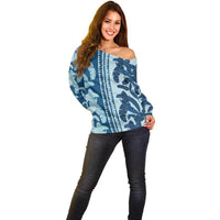 Hawaii Pua Kenikeni Lei Off Shoulder Sweater With Lau Maia Royal Blue LT05 - Polynesian Pride