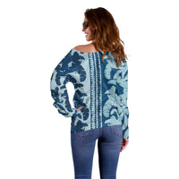 Hawaii Pua Kenikeni Lei Off Shoulder Sweater With Lau Maia Royal Blue LT05 - Polynesian Pride