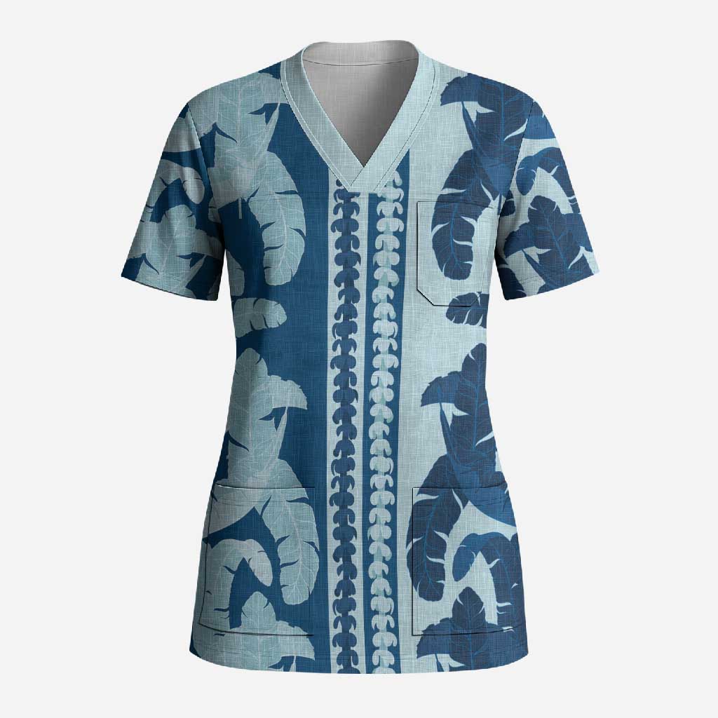 Hawaii Pua Kenikeni Lei Scrub Top With Lau Maia Royal Blue