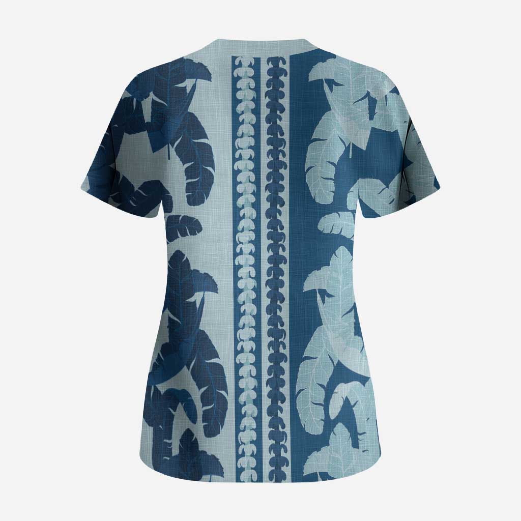Hawaii Pua Kenikeni Lei Scrub Top With Lau Maia Royal Blue