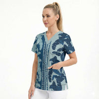 Hawaii Pua Kenikeni Lei Scrub Top With Lau Maia Royal Blue