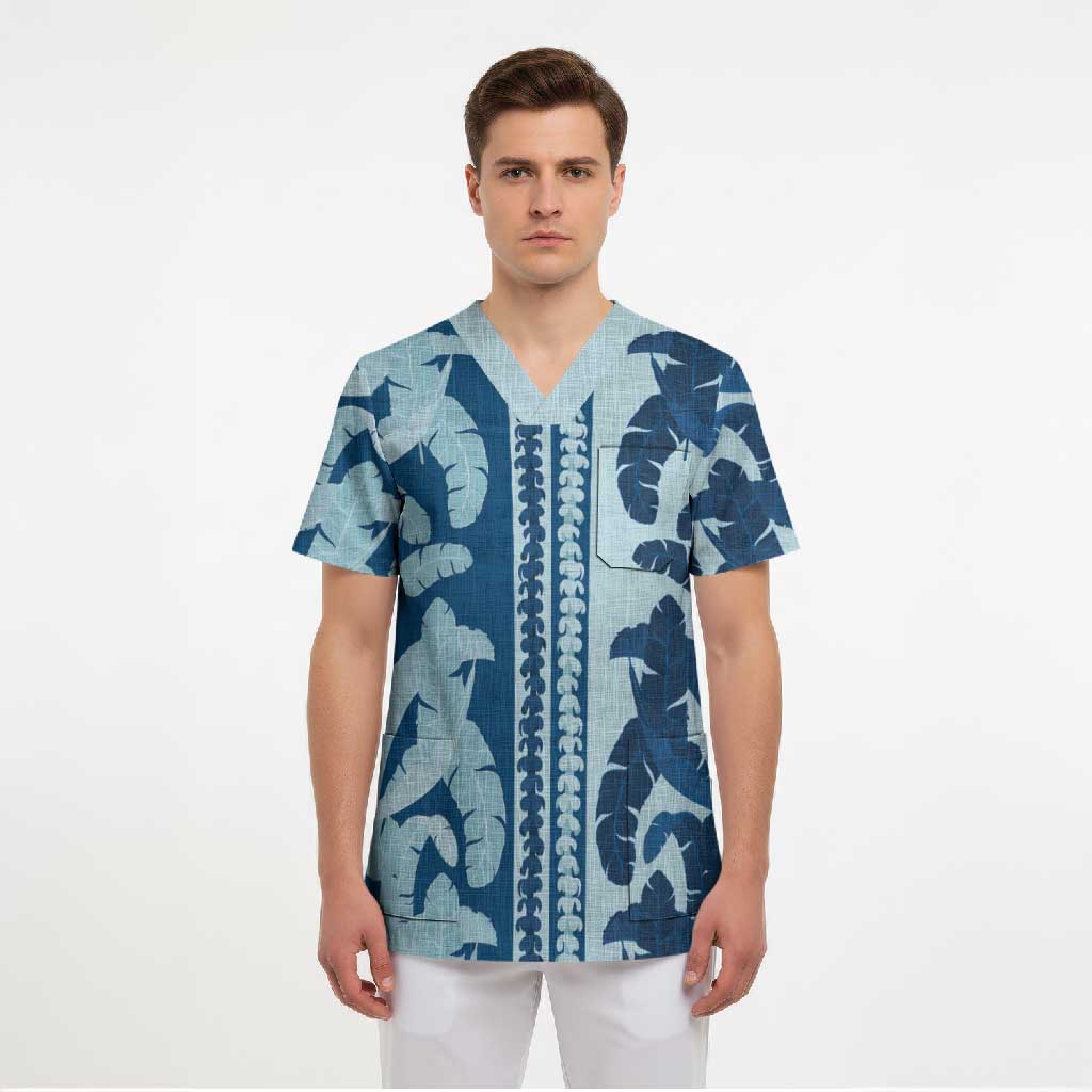 Hawaii Pua Kenikeni Lei Scrub Top With Lau Maia Royal Blue