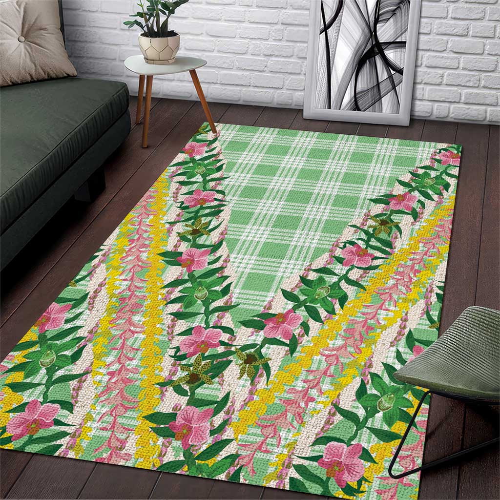 Hawaii Pikake Lokelani Plumeria Lei Area Rug Green Palaka Motifs