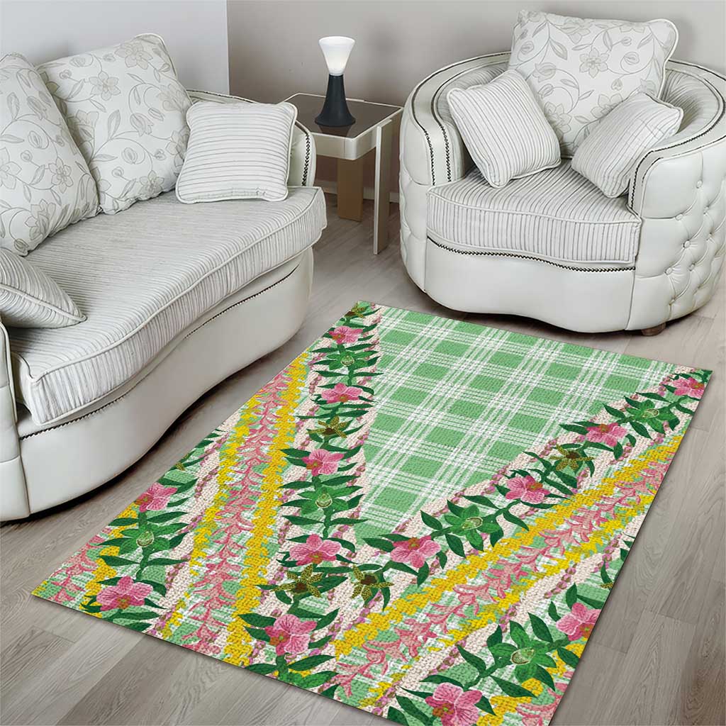 Hawaii Pikake Lokelani Plumeria Lei Area Rug Green Palaka Motifs