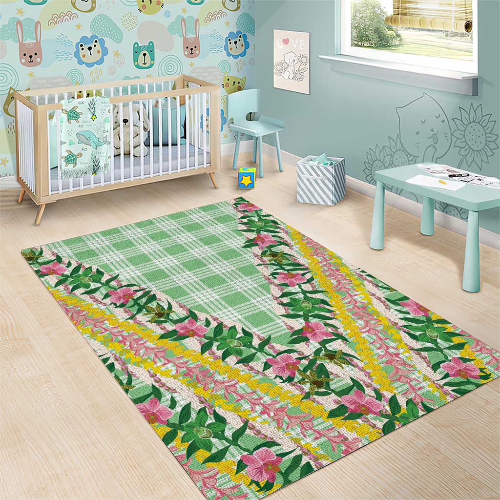 Hawaii Pikake Lokelani Plumeria Lei Area Rug Green Palaka Motifs