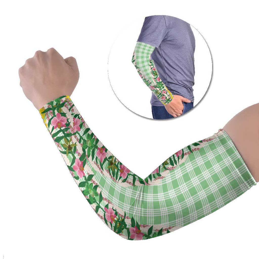 Hawaii Pikake Lokelani Plumeria Lei Arm Sleeves Green Palaka Motifs LT05 Set of 2 Green - Polynesian Pride