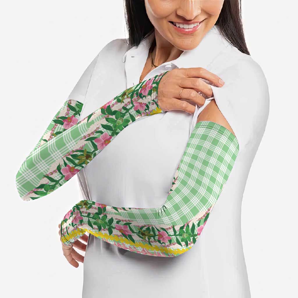 Hawaii Pikake Lokelani Plumeria Lei Arm Sleeves Green Palaka Motifs LT05 - Polynesian Pride