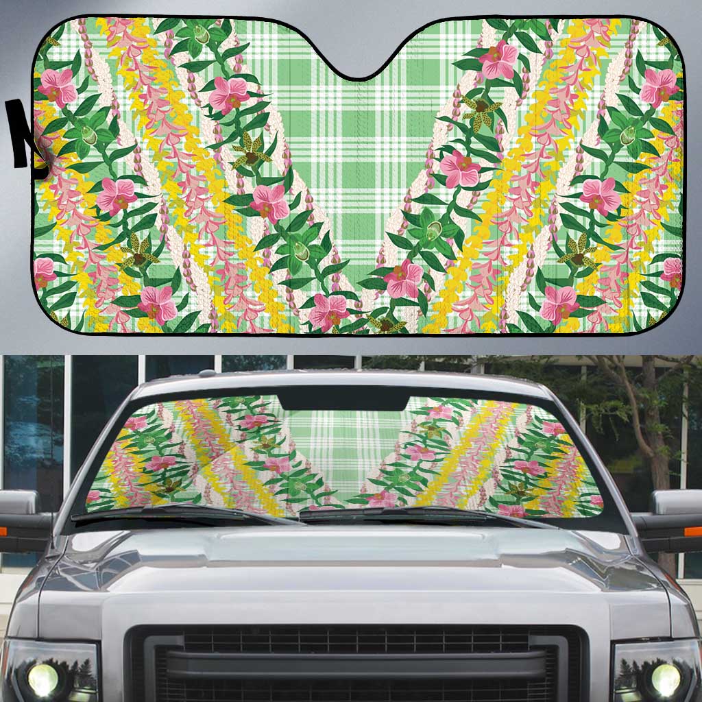 Hawaii Pikake Lokelani Plumeria Lei Auto Sun Shade Green Palaka Motifs LT05 Green - Polynesian Pride