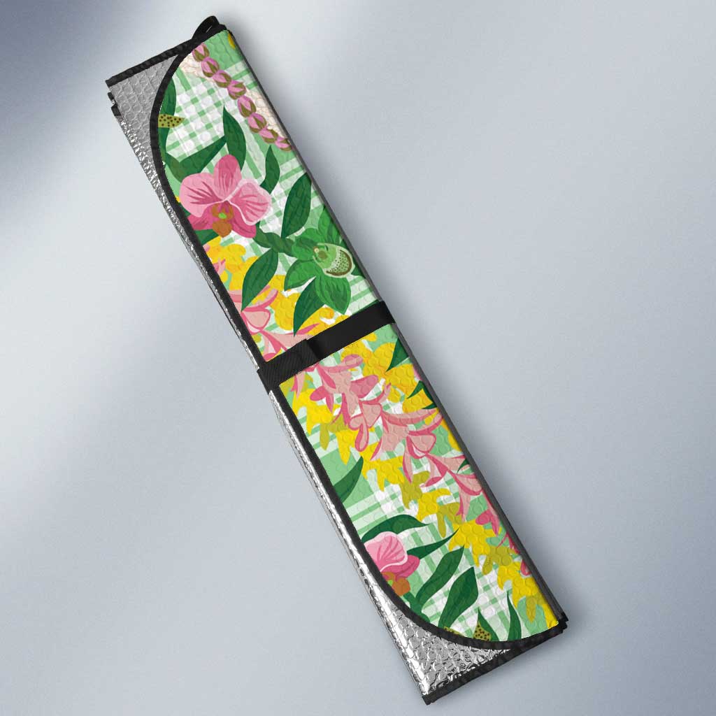 Hawaii Pikake Lokelani Plumeria Lei Auto Sun Shade Green Palaka Motifs LT05 - Polynesian Pride