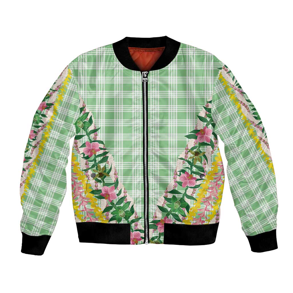 Hawaii Pikake Lokelani Plumeria Lei Bomber Jacket Green Palaka Motifs LT05 Unisex Green - Polynesian Pride