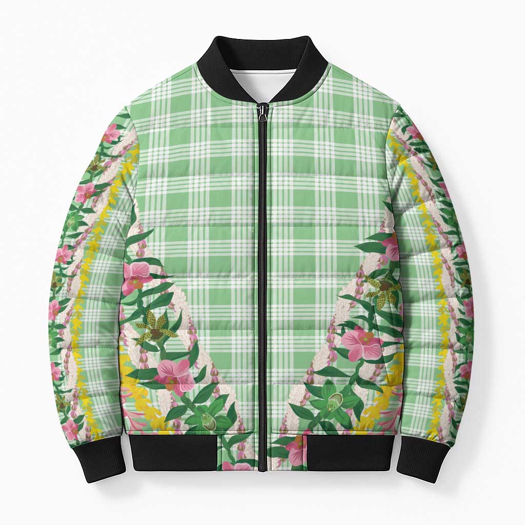 Hawaii Pikake Lokelani Plumeria Lei Bomber Puffer Jacket Green Palaka Motifs LT05 Unisex Green - Polynesian Pride