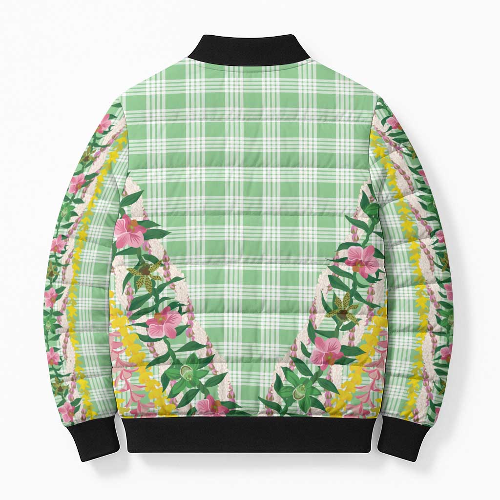 Hawaii Pikake Lokelani Plumeria Lei Bomber Puffer Jacket Green Palaka Motifs LT05 - Polynesian Pride