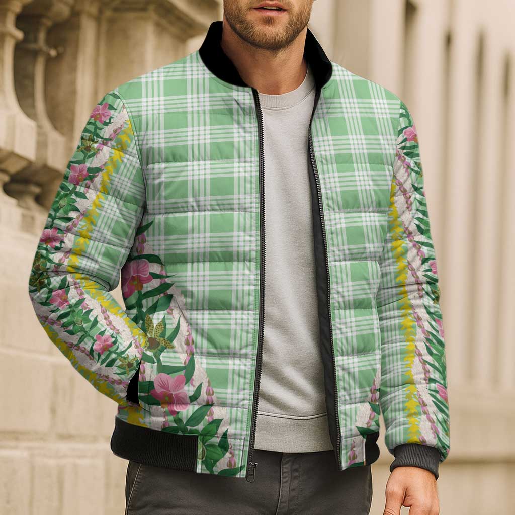 Hawaii Pikake Lokelani Plumeria Lei Bomber Puffer Jacket Green Palaka Motifs LT05 - Polynesian Pride