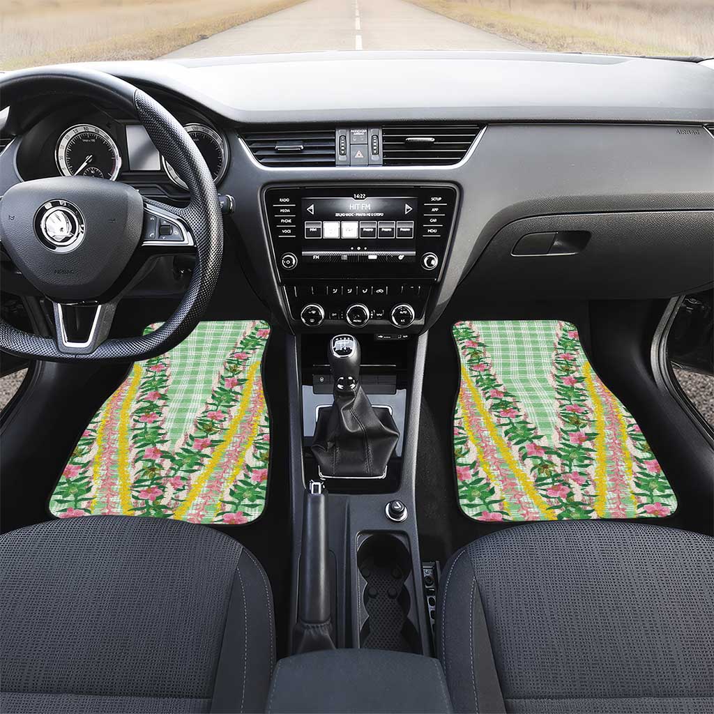 Hawaii Pikake Lokelani Plumeria Lei Car Mats Green Palaka Motifs LT05 Set 2pcs - Front Green - Polynesian Pride