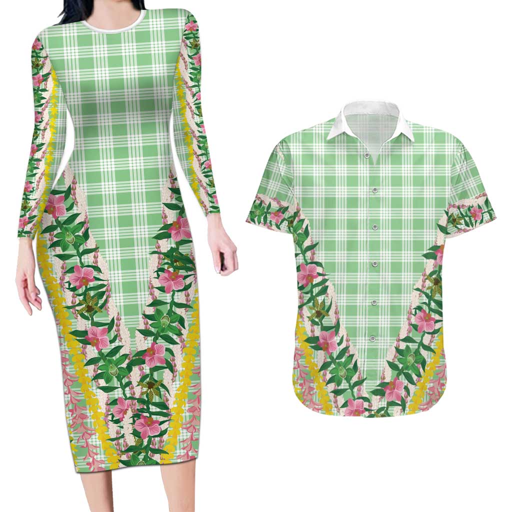 Hawaii Pikake Lokelani Plumeria Lei Couples Matching Long Sleeve Bodycon Dress and Hawaiian Shirt Green Palaka Motifs LT05 Green - Polynesian Pride