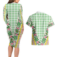 Hawaii Pikake Lokelani Plumeria Lei Couples Matching Long Sleeve Bodycon Dress and Hawaiian Shirt Green Palaka Motifs