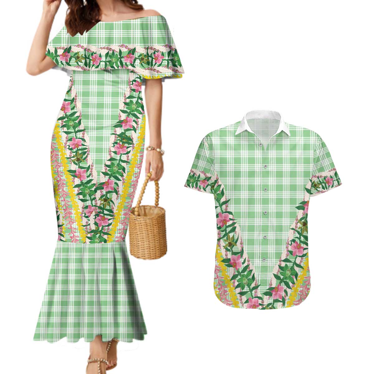 Hawaii Pikake Lokelani Plumeria Lei Couples Matching Mermaid Dress and Hawaiian Shirt Green Palaka Motifs LT05 Green - Polynesian Pride