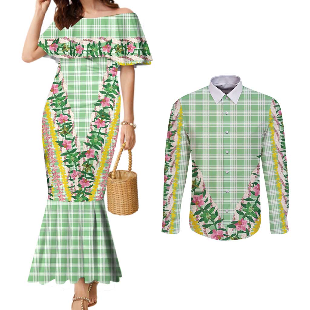 Hawaii Pikake Lokelani Plumeria Lei Couples Matching Mermaid Dress and Long Sleeve Button Shirt Green Palaka Motifs LT05 Green - Polynesian Pride